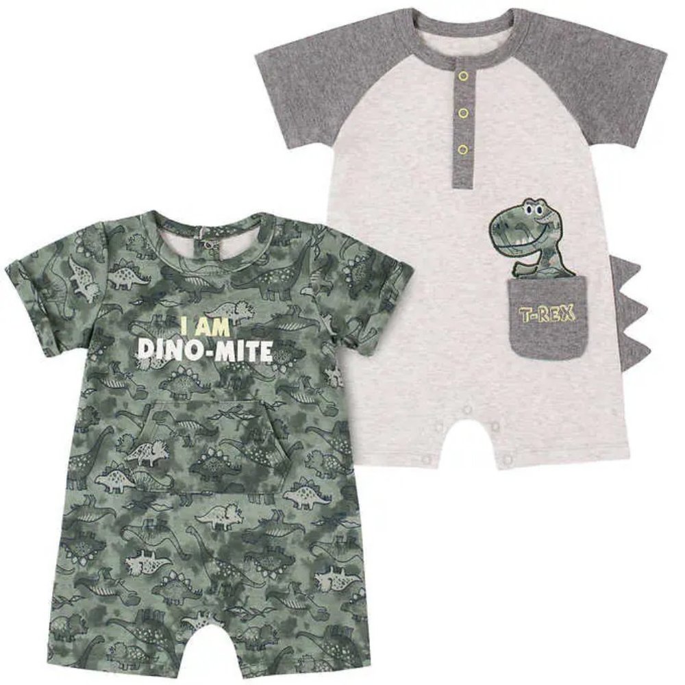 NWT Set of 2 Dinosaur-themed 100% Cotton Infant Rompers 18M